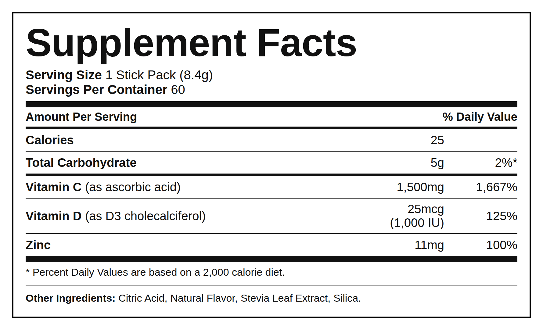 Supplement Facts — Vitamina C + D3 + Zinco (Pó Solúvel)