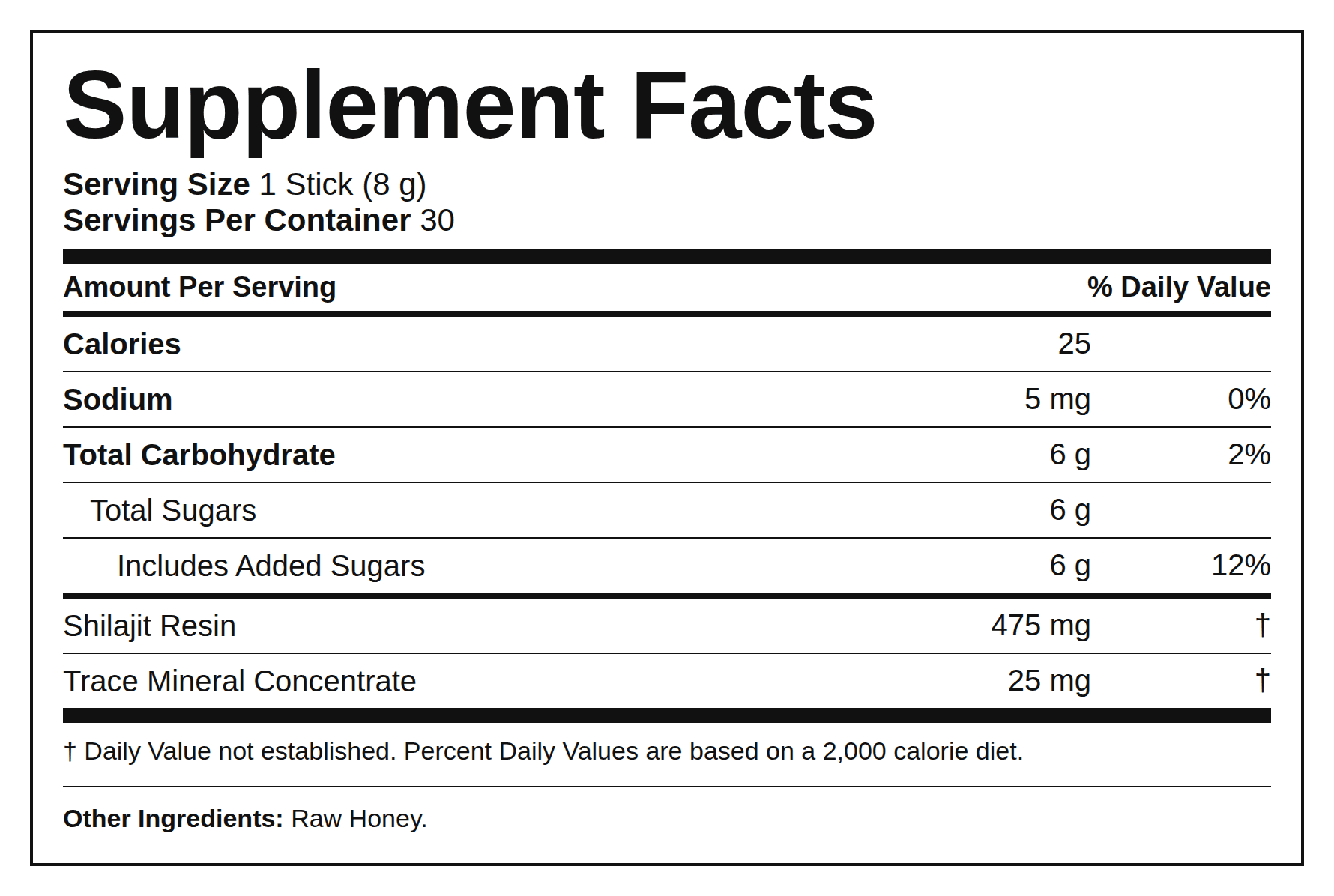 Supplement Facts — Shilajit Honey Sticks (Powder)