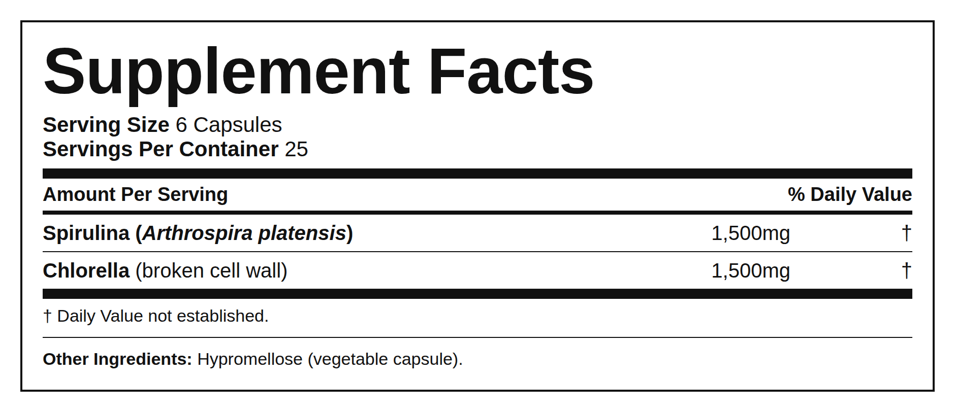 Supplement Facts — Espirulina + Chlorella (Cápsulas)