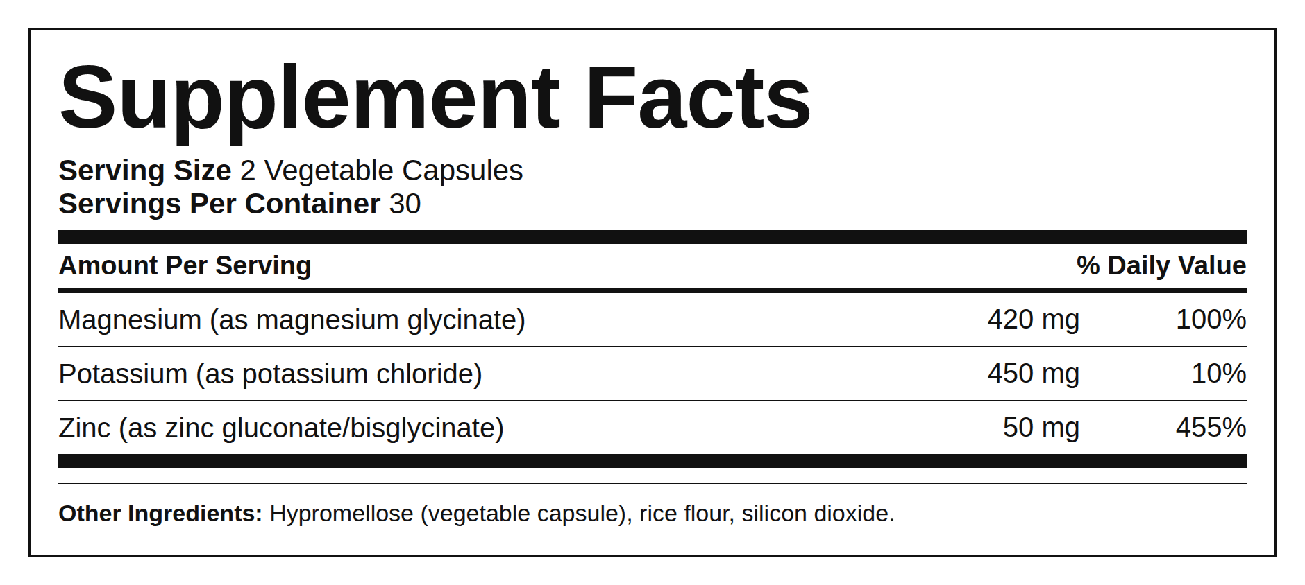 Supplement Facts — Magnésio + Potássio + Zinco (Cápsulas)