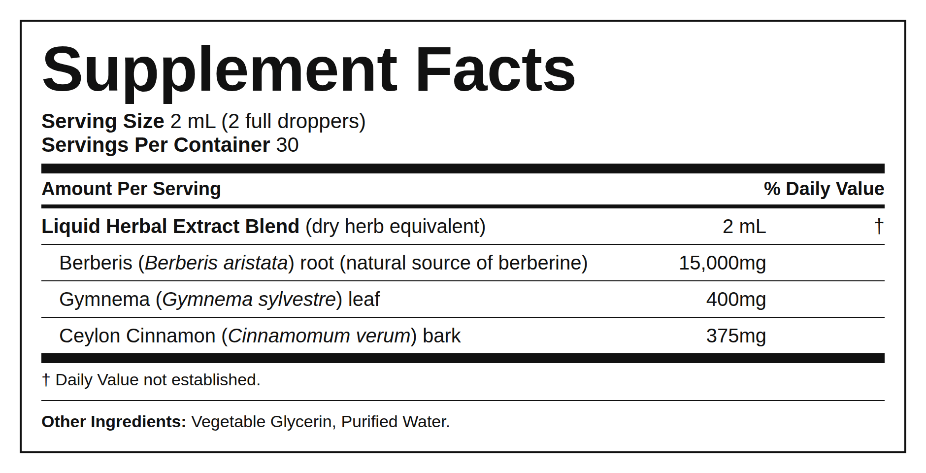 Supplement Facts — Berberina + Canela do Ceilão (Conta-Gotas)