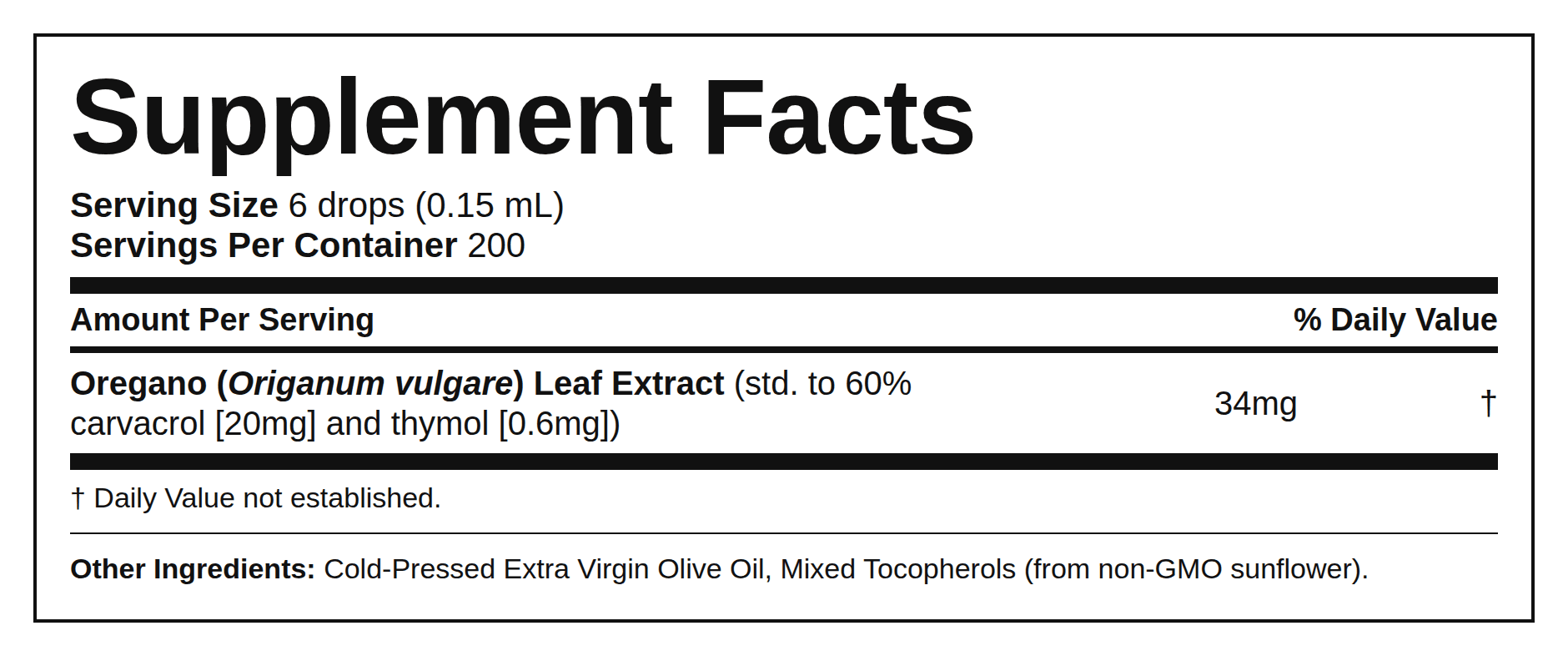 Supplement Facts — Óleo de Orégano (Conta-Gotas)