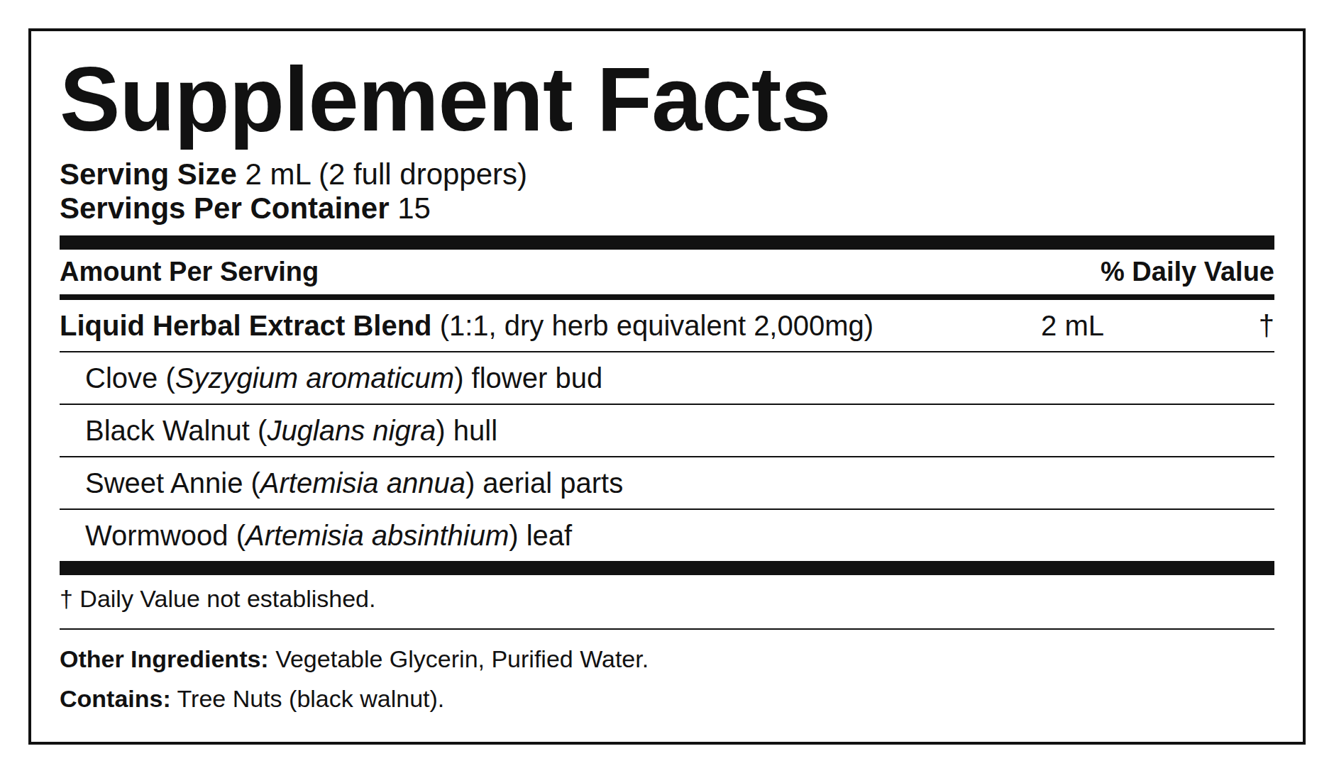 Supplement Facts — Wormwood, Nogueira-Preta e Cravo (Conta-Gotas)