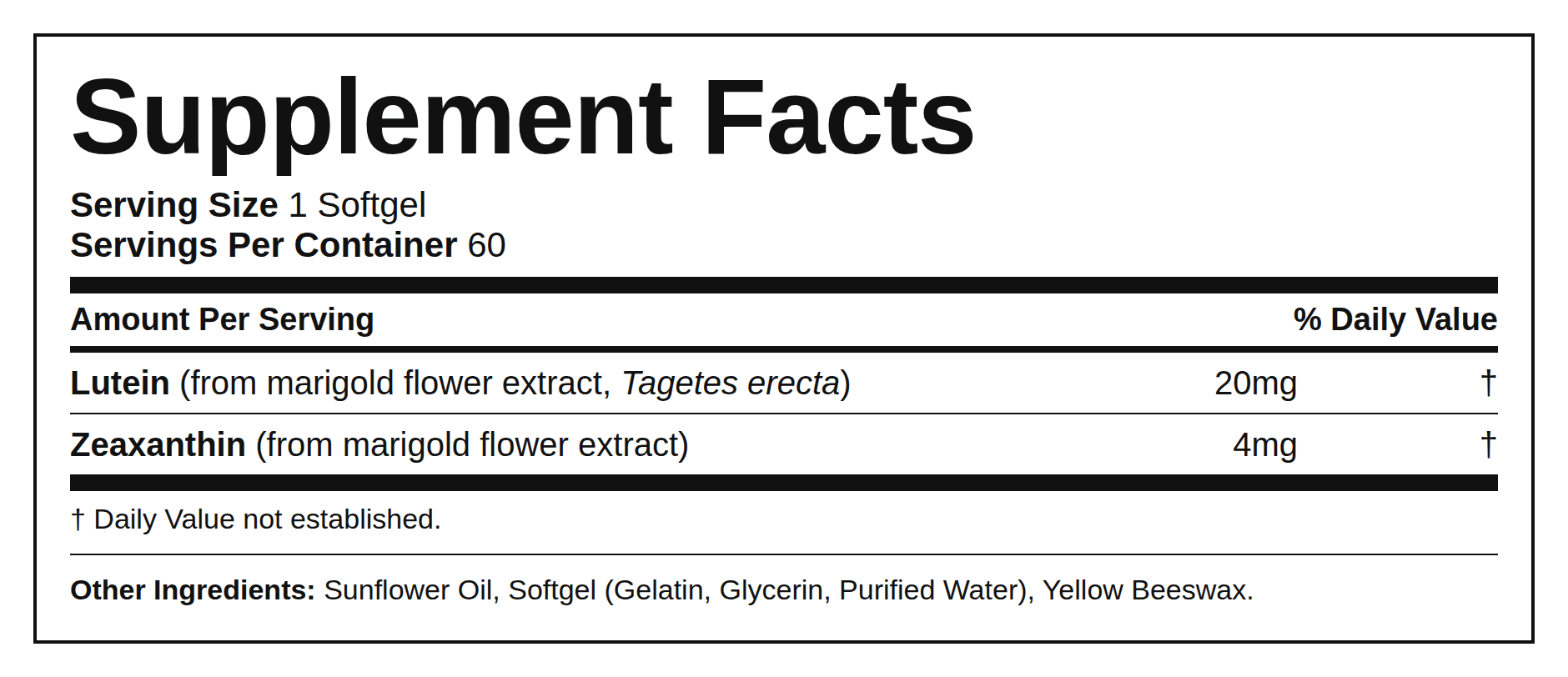 Supplement Facts — Luteína + Zeaxantina (Softgel)